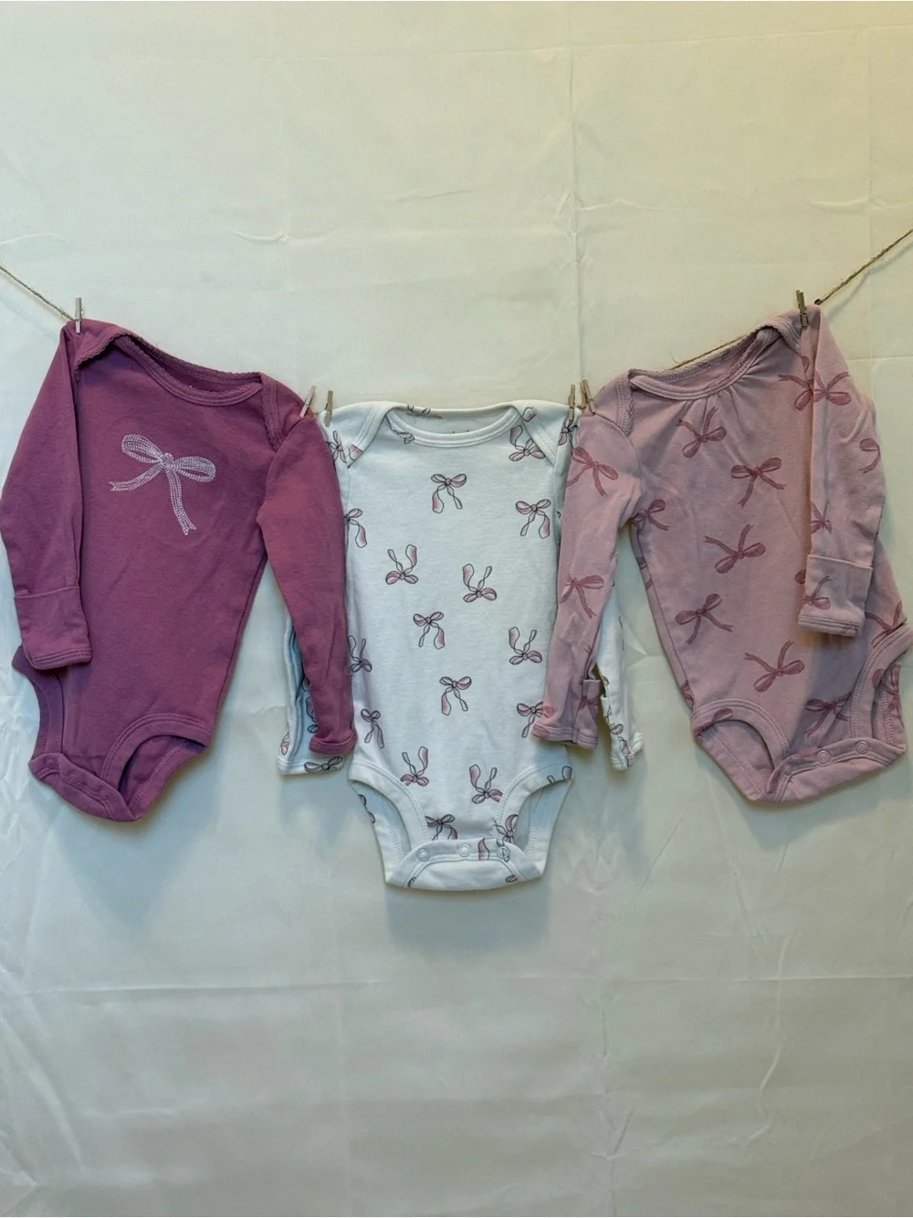 Carter’s - Long-Sleeve Bow Print One-Piece Bodysuits - Pink & White